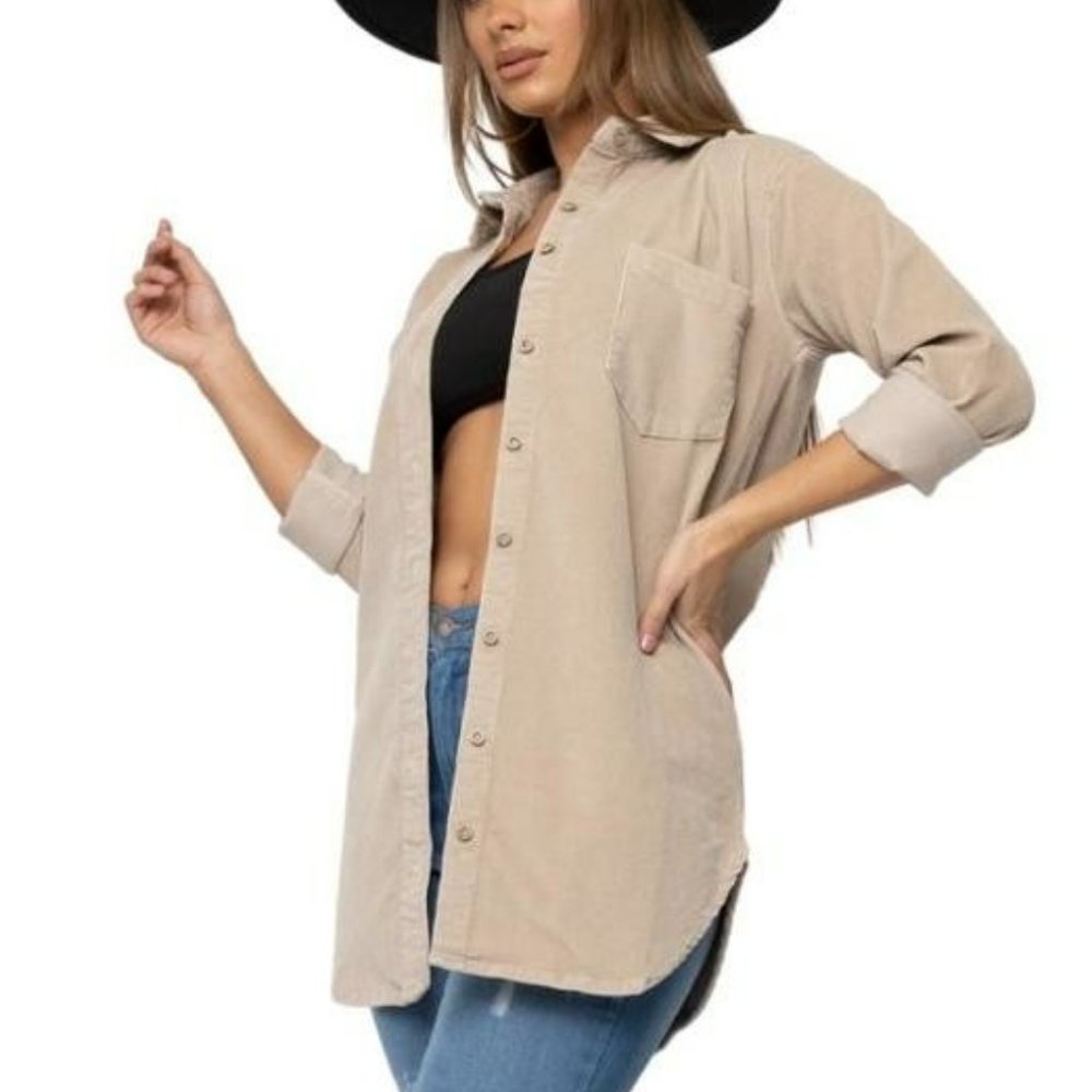 Corduroy Shirt Shacket Button down Dress Soft Long Sleeve S M L XL Neutral Stone